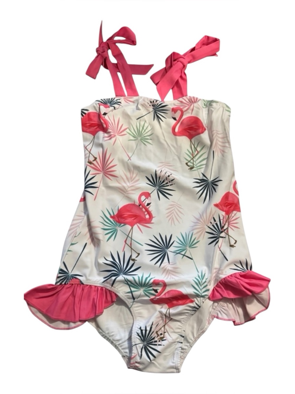 Girls Pink Flamingo One-Piece Swimsuit with Ruffles - Picture 2 of 2